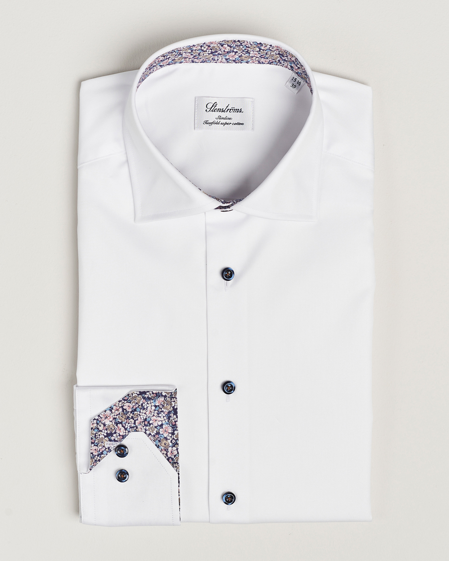Mies | Kauluspaidat | Stenströms | Slimline Twill Flower Contrast Shirt White