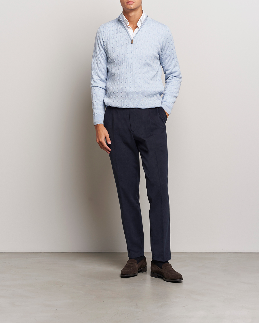 Mies | Puserot | Stenströms | Merino Cable Half Zip Light Blue