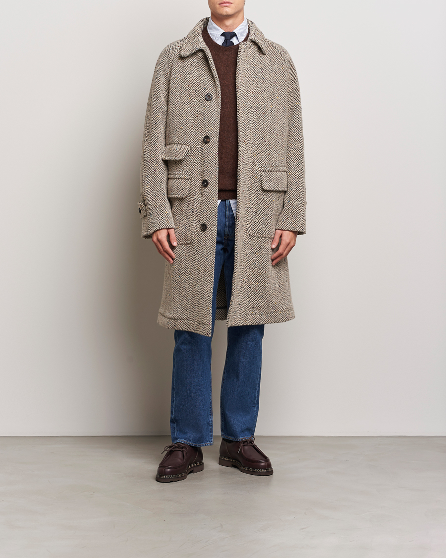 Mies | Takit | Drake's | Herringbone Tweed Raglan Coat Oat Fleck