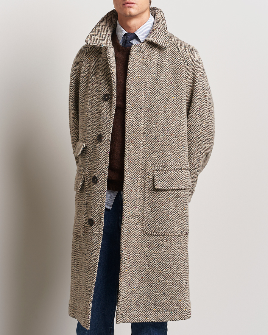 Mies | Takit | Drake's | Herringbone Tweed Raglan Coat Oat Fleck