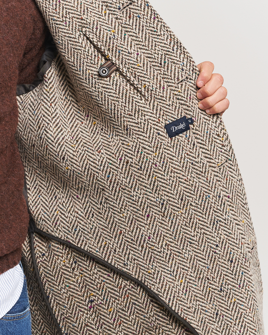 Mies | Takit | Drake's | Herringbone Tweed Raglan Coat Oat Fleck