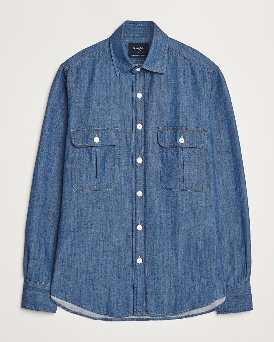 Mies | Kauluspaidat | Drake's | Denim Cotton Two Pocket Work Shirt Blue