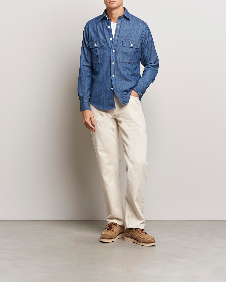 Mies | Kauluspaidat | Drake's | Denim Cotton Two Pocket Work Shirt Blue