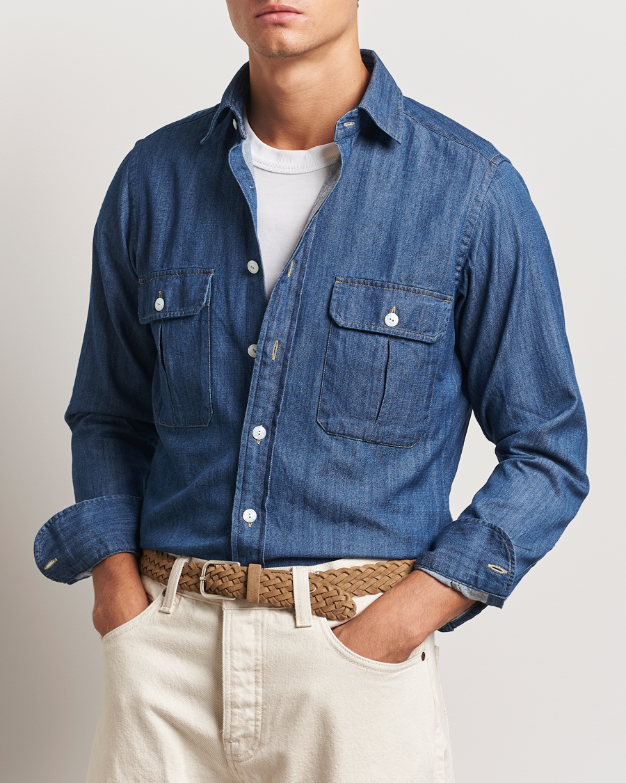 Mies | Kauluspaidat | Drake's | Denim Cotton Two Pocket Work Shirt Blue