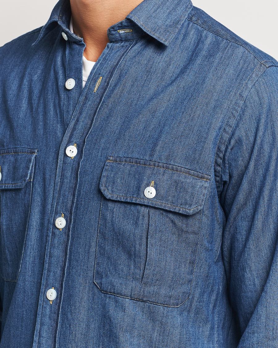Mies | Kauluspaidat | Drake's | Denim Cotton Two Pocket Work Shirt Blue