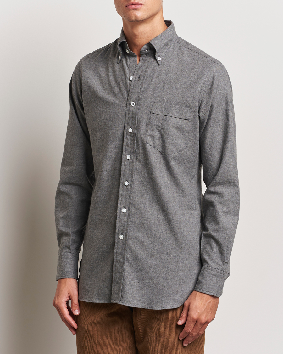 Mies | Kauluspaidat | Drake's | Button Down Flannel Shirt Grey