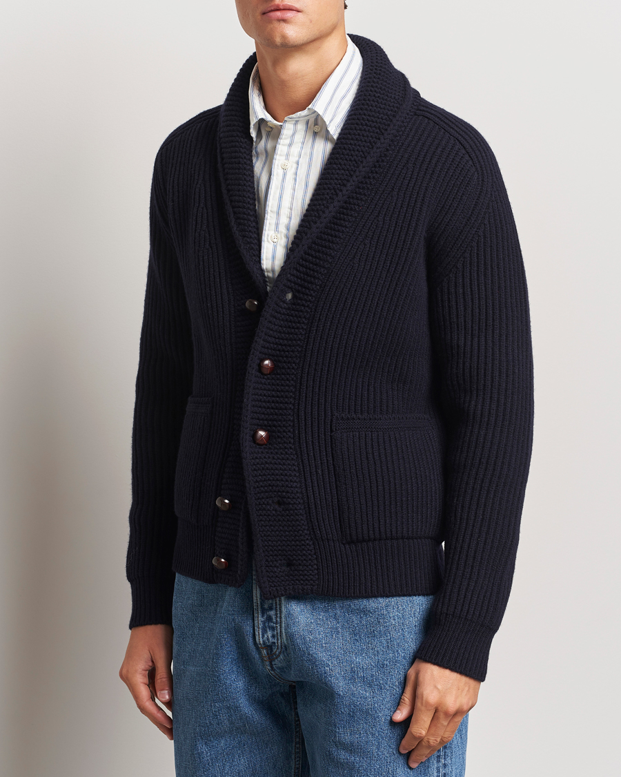 Mies | Puserot | Drake's | Lambswool 6-Ply Shawl Collar Cardigan Navy