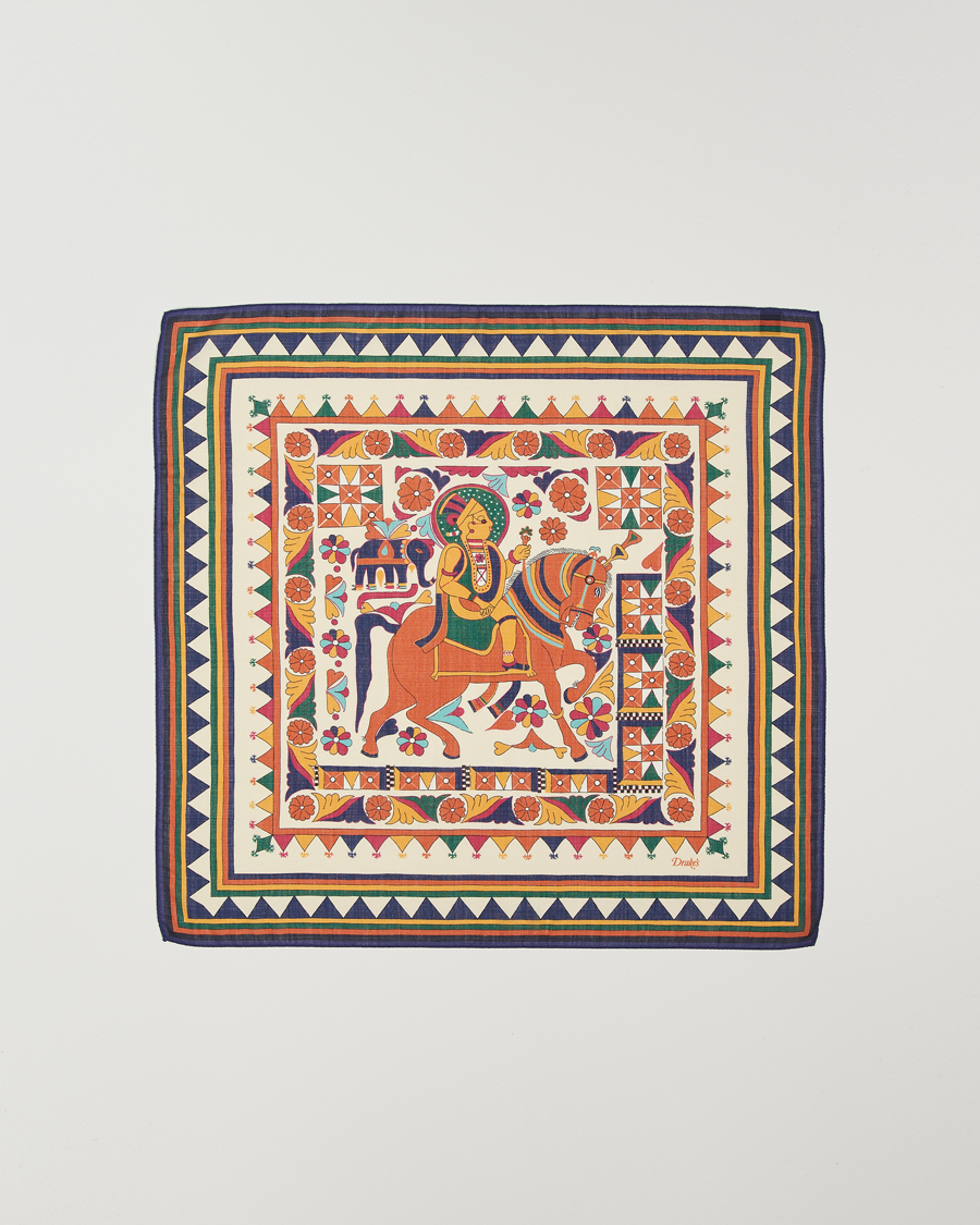 Mies | Drake's Maharaja Print Wool/Silk Bandana Navy/Yellow | Drake's | Maharaja Print Wool/Silk Bandana Navy/Yellow