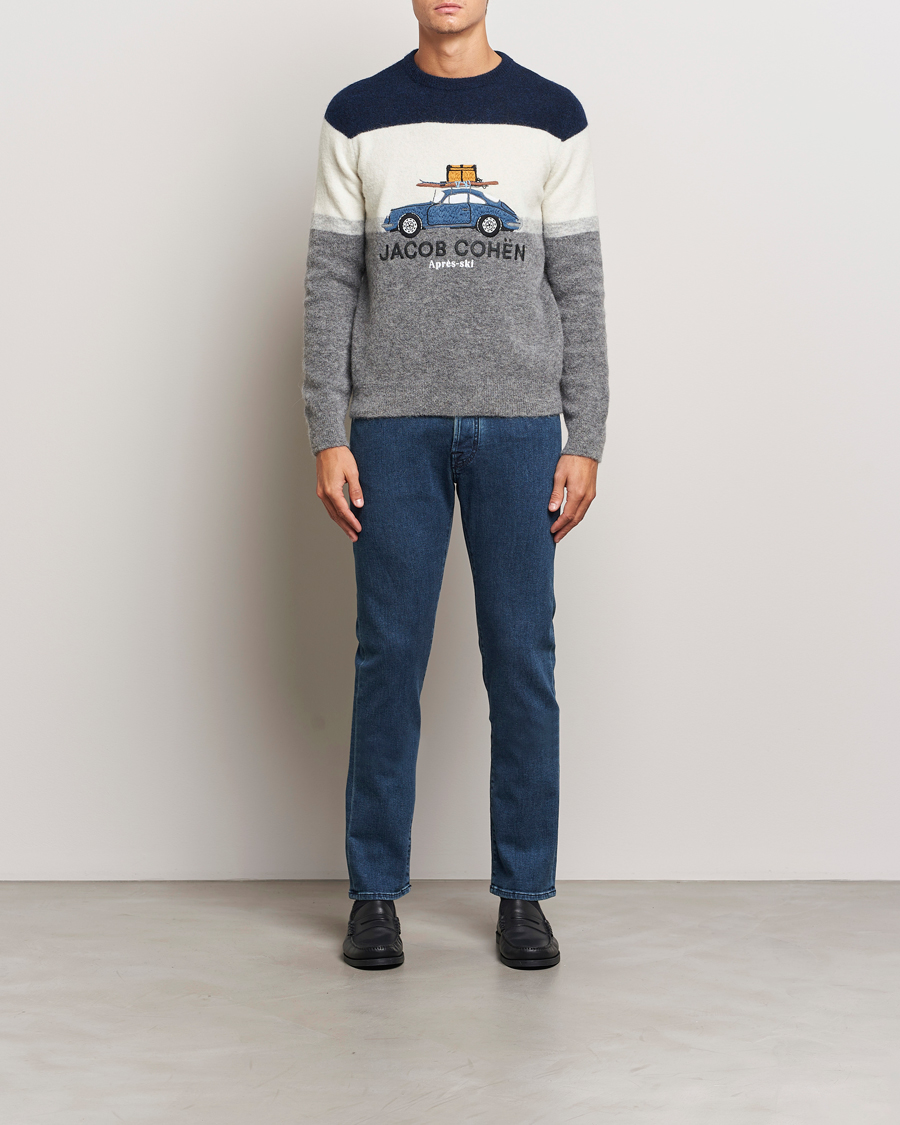 Mies | Puserot | Jacob Cohën | Alpaca/Wool Embrodery Sweater Blue/White/Grey
