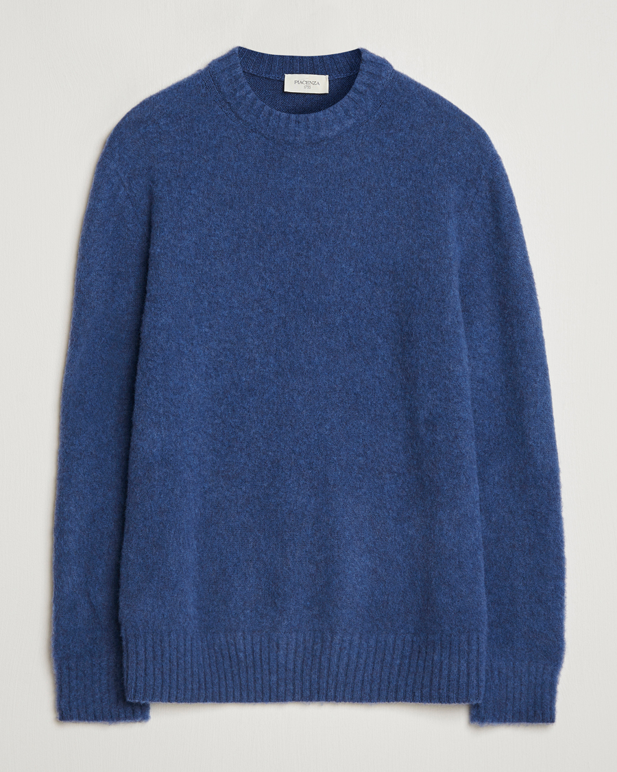 Mies | Puserot | Piacenza Cashmere | Brushed Wool Crew Neck Blue Melange