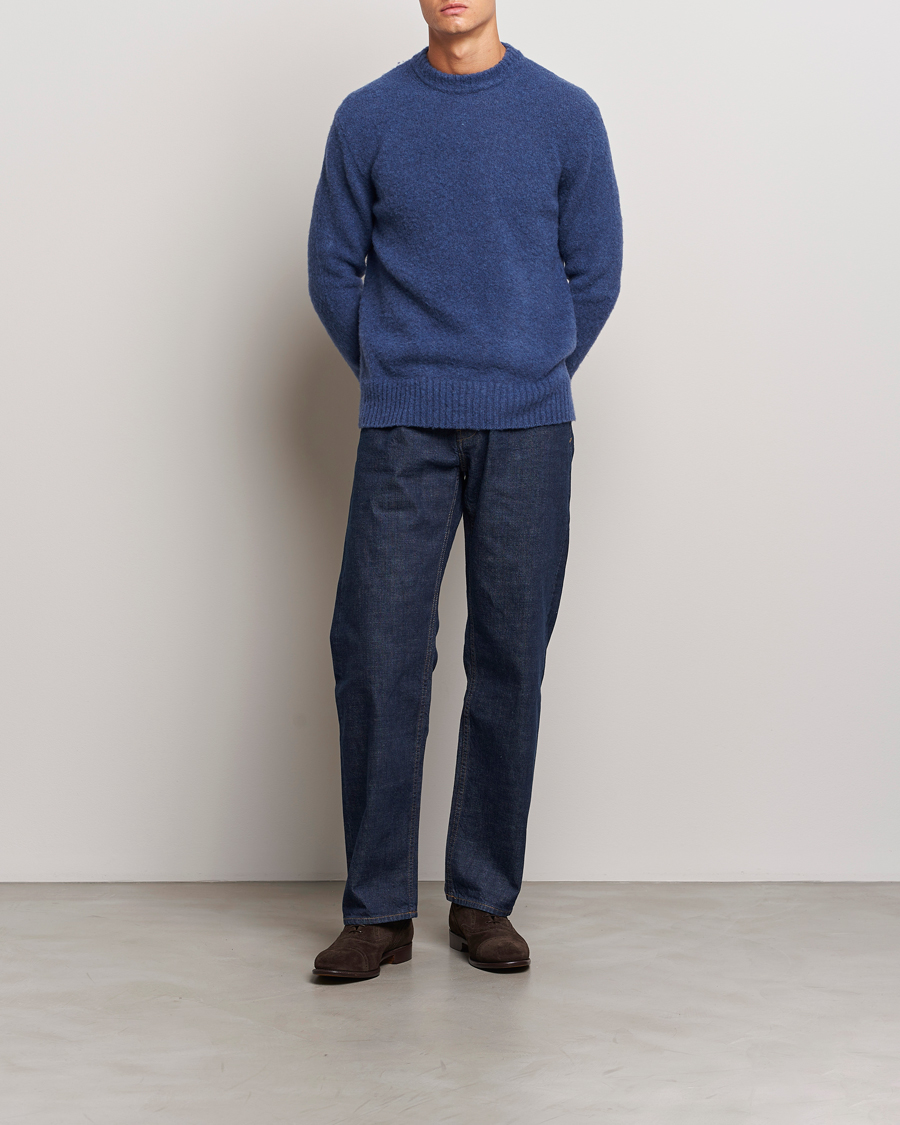 Mies | Puserot | Piacenza Cashmere | Brushed Wool Crew Neck Blue Melange