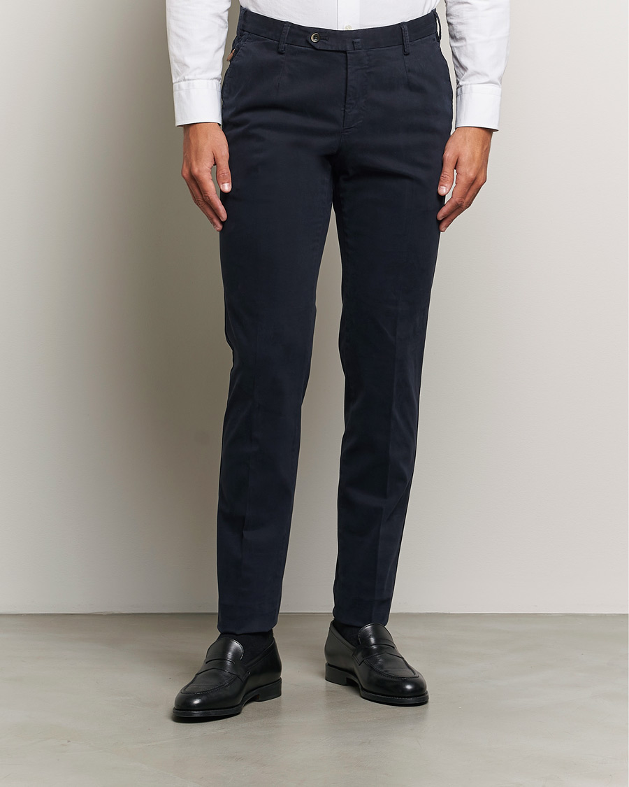 Mies | Housut | PT01 | Slim Fit Pleated Cotton Trousers Navy