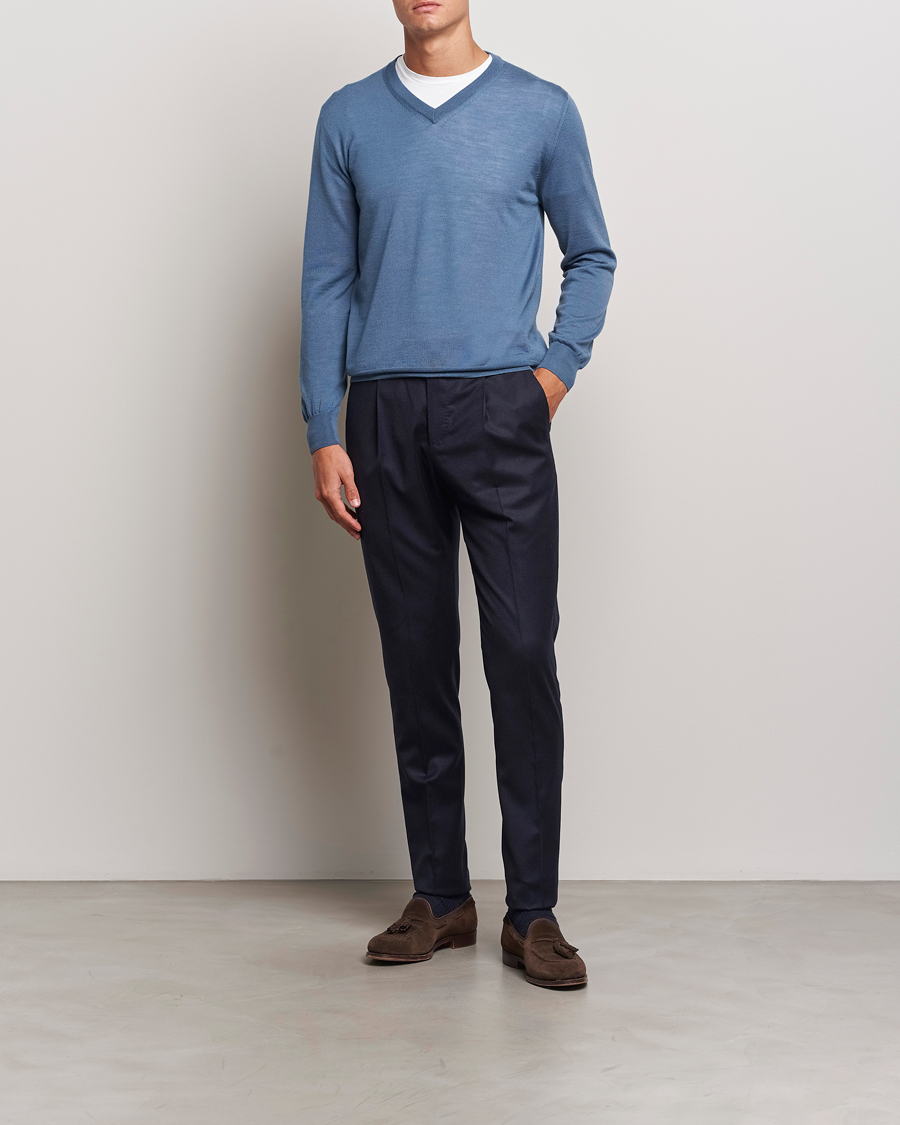 Mies | Housut | PT01 | Slim Fit Pleated Flannel Trousers Navy