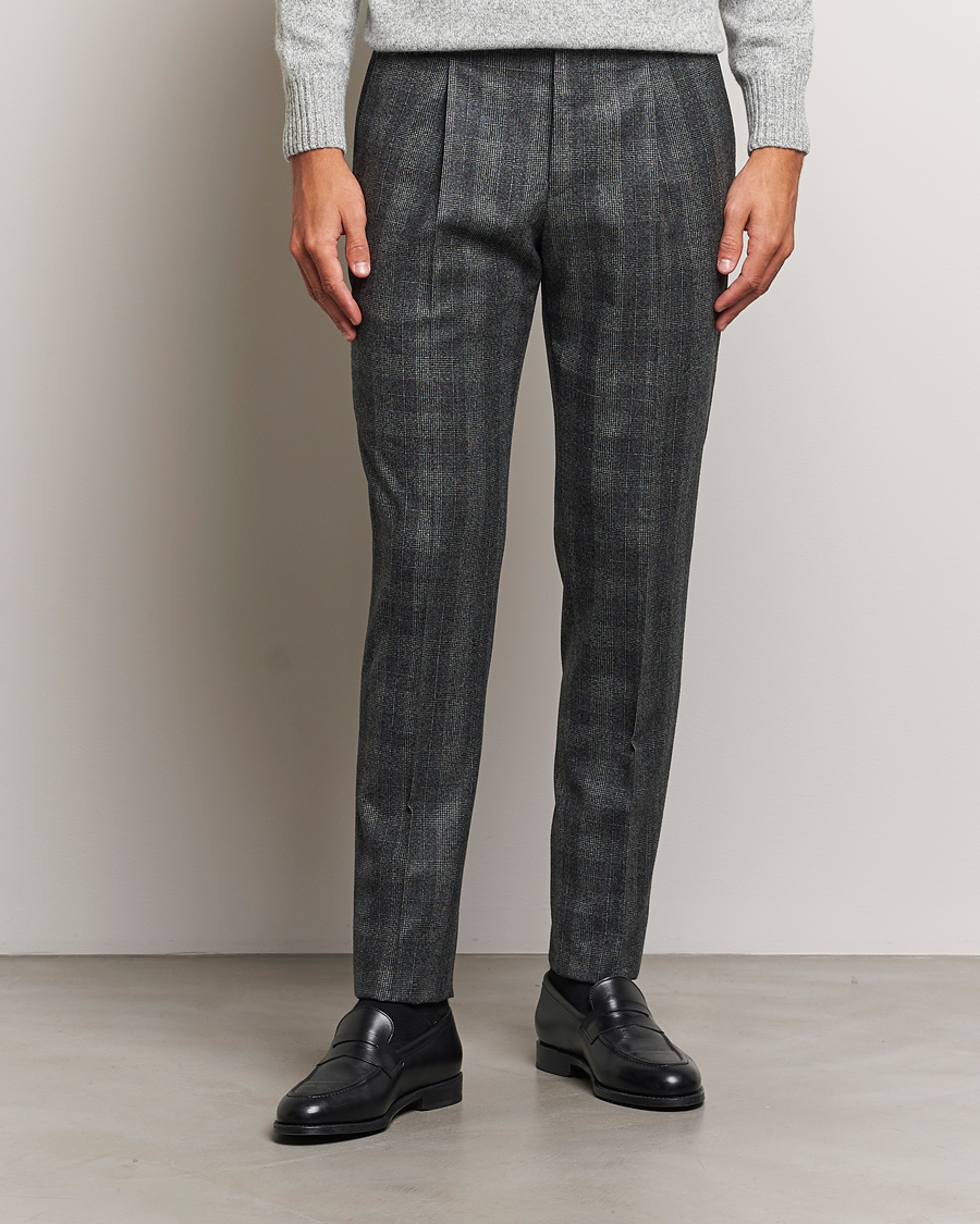 Mies | Housut | PT01 | Slim Fit Pleated Checked Flannel Trousers Grey