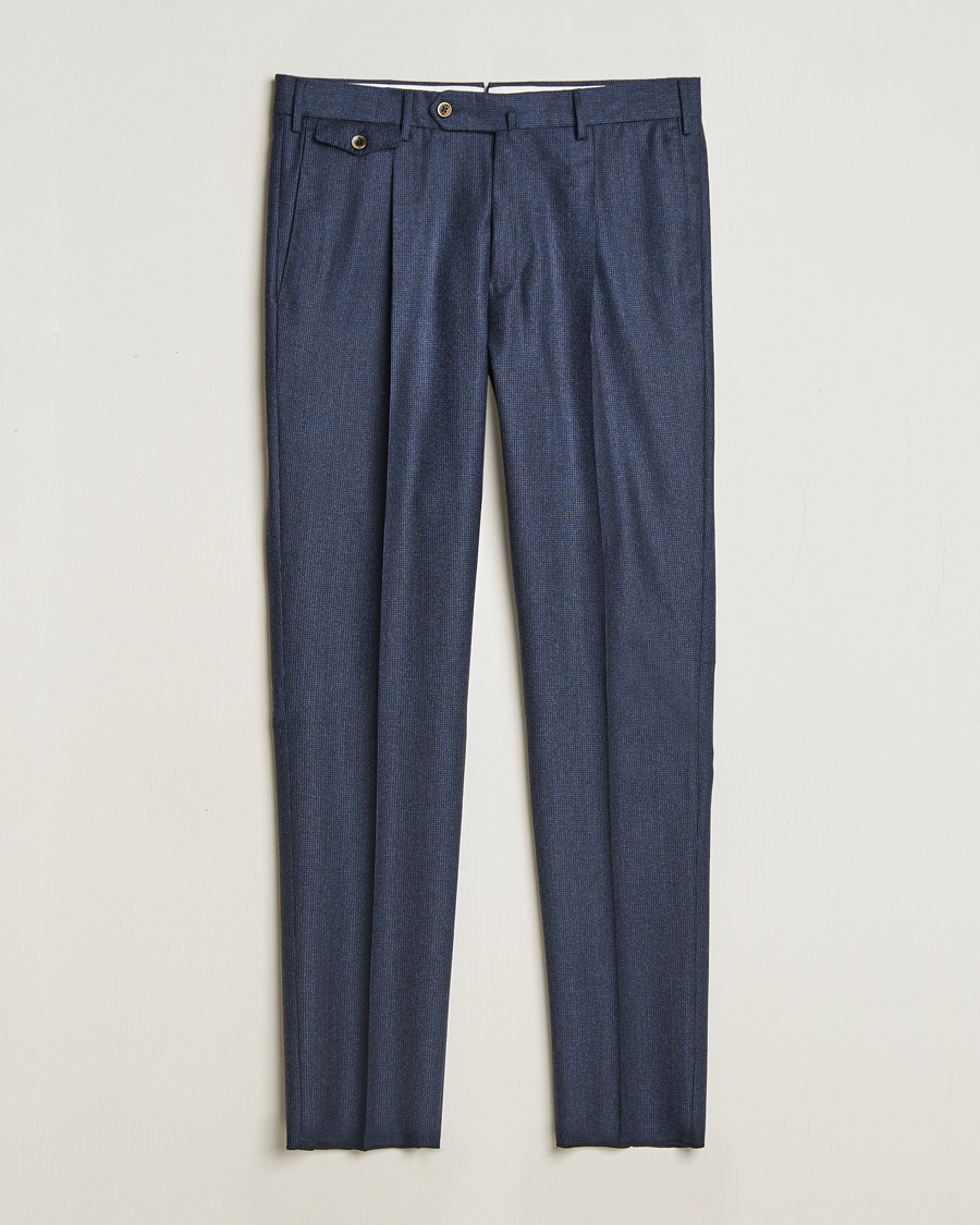 Mies | Housut | PT01 | Slim Fit Pleated Houndstooth Flannel Trousers Navy