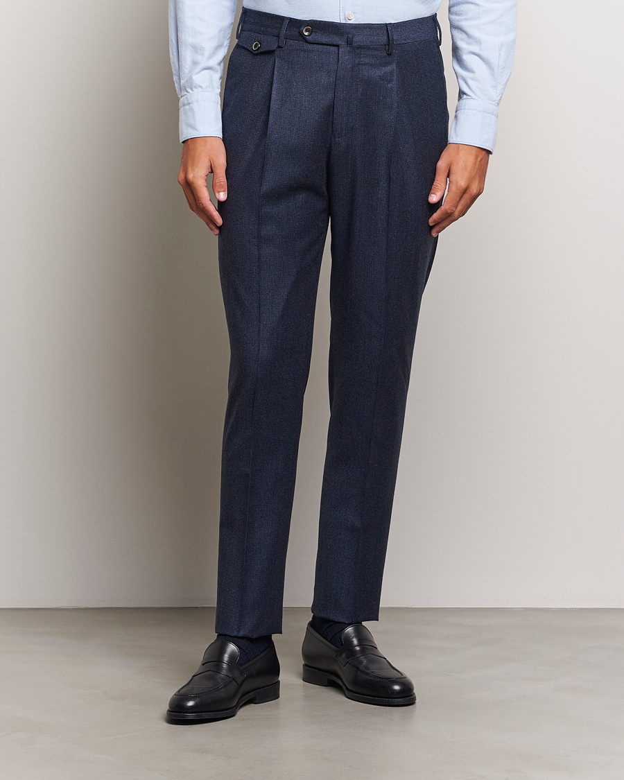Mies | Housut | PT01 | Slim Fit Pleated Houndstooth Flannel Trousers Navy