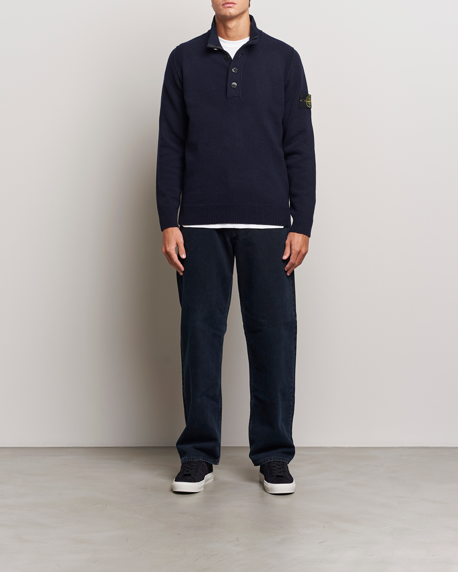 Mies | Puserot | Stone Island | Knitted Lambswool Half Button Zip Navy Blue