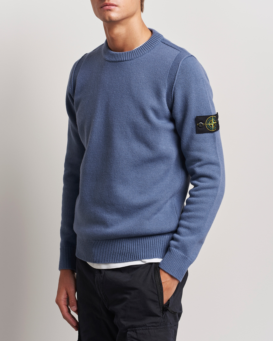 Mies | Puserot | Stone Island | Knitted Lambwool Sweater Mid Blue