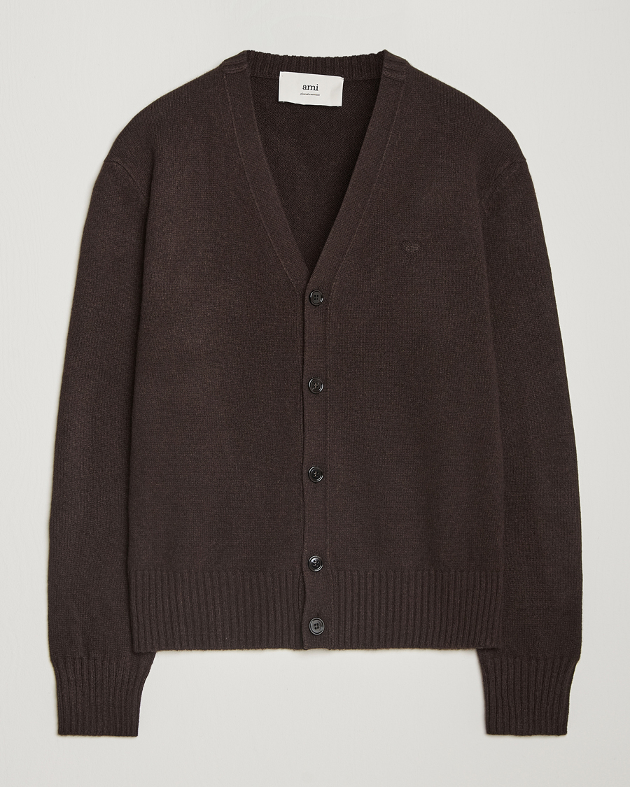 Mies | Puserot | AMI | Tonal Heart Logo Wool Cardigan Dark Coffee