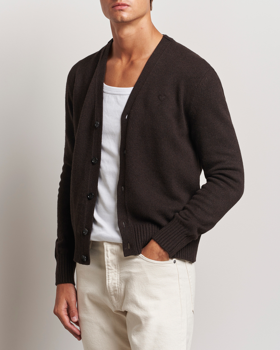 Mies | Puserot | AMI | Tonal Heart Logo Wool Cardigan Dark Coffee