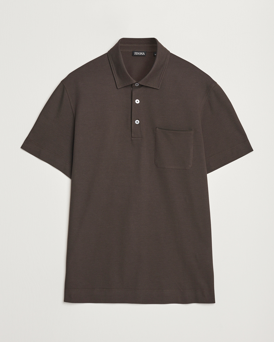 Mies | Pikeet | Zegna | Short Sleeve Pocket Polo Dark Brown