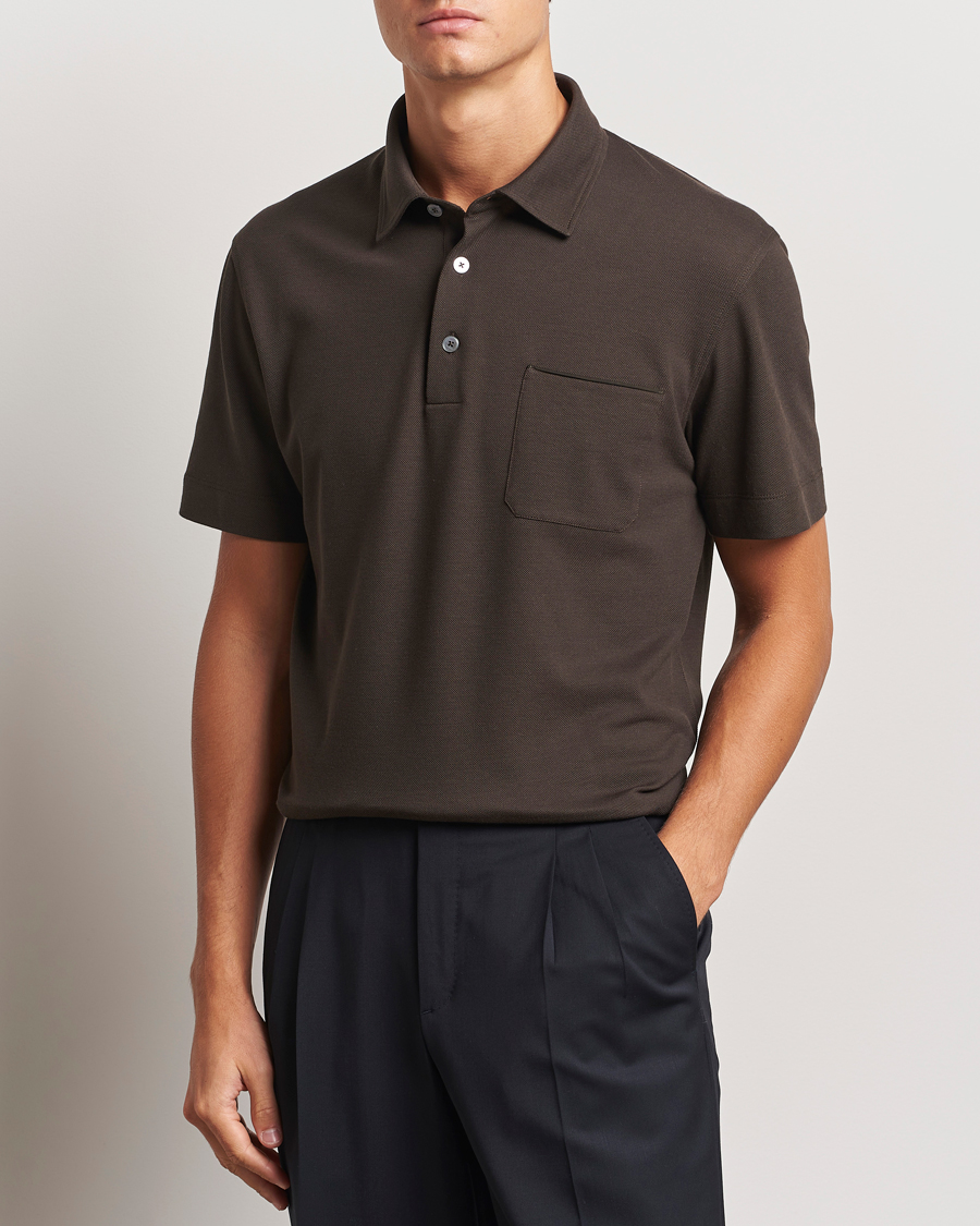 Mies | Pikeet | Zegna | Short Sleeve Pocket Polo Dark Brown