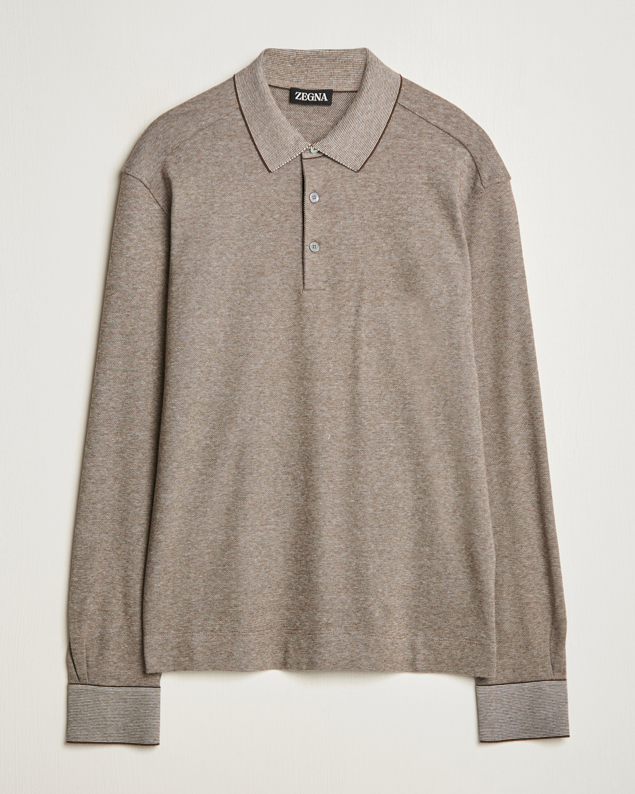 Mies | Puserot | Zegna | Soft Cotton Long Sleeve Polo Beige