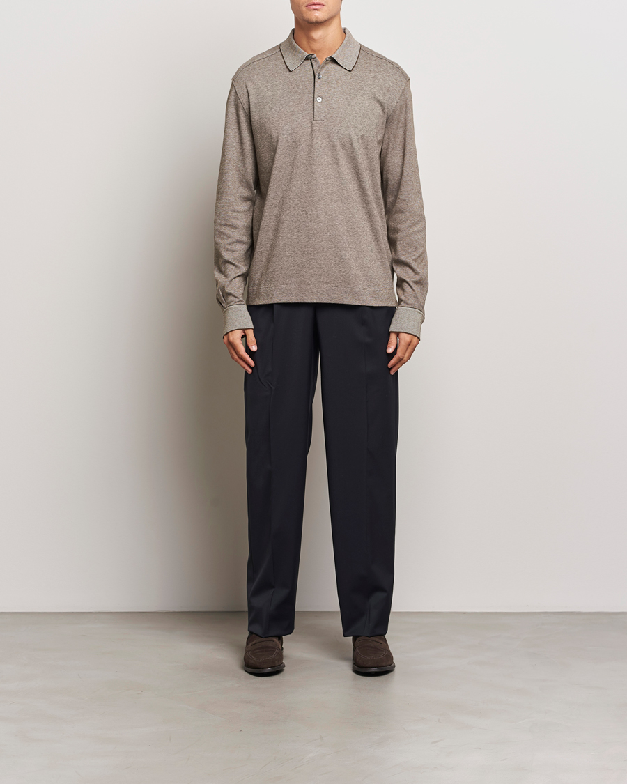 Mies | Puserot | Zegna | Soft Cotton Long Sleeve Polo Beige