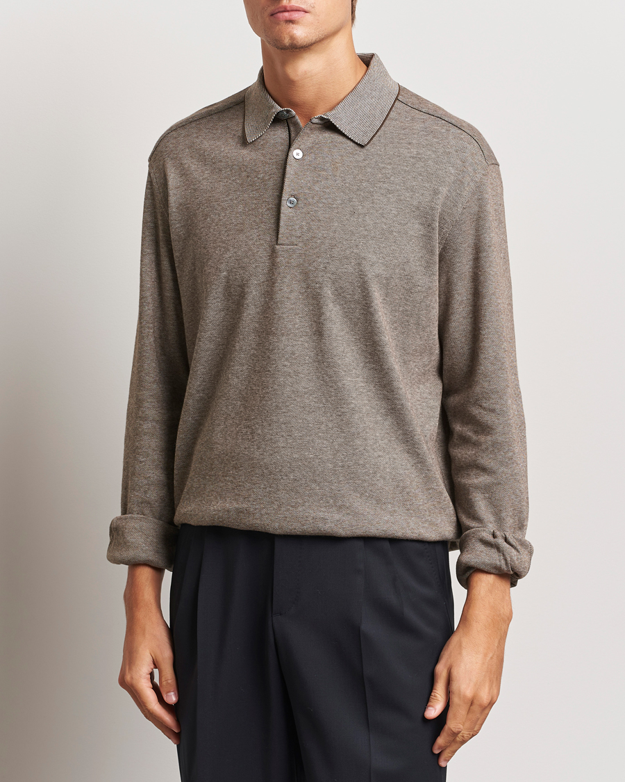 Mies | Puserot | Zegna | Soft Cotton Long Sleeve Polo Beige