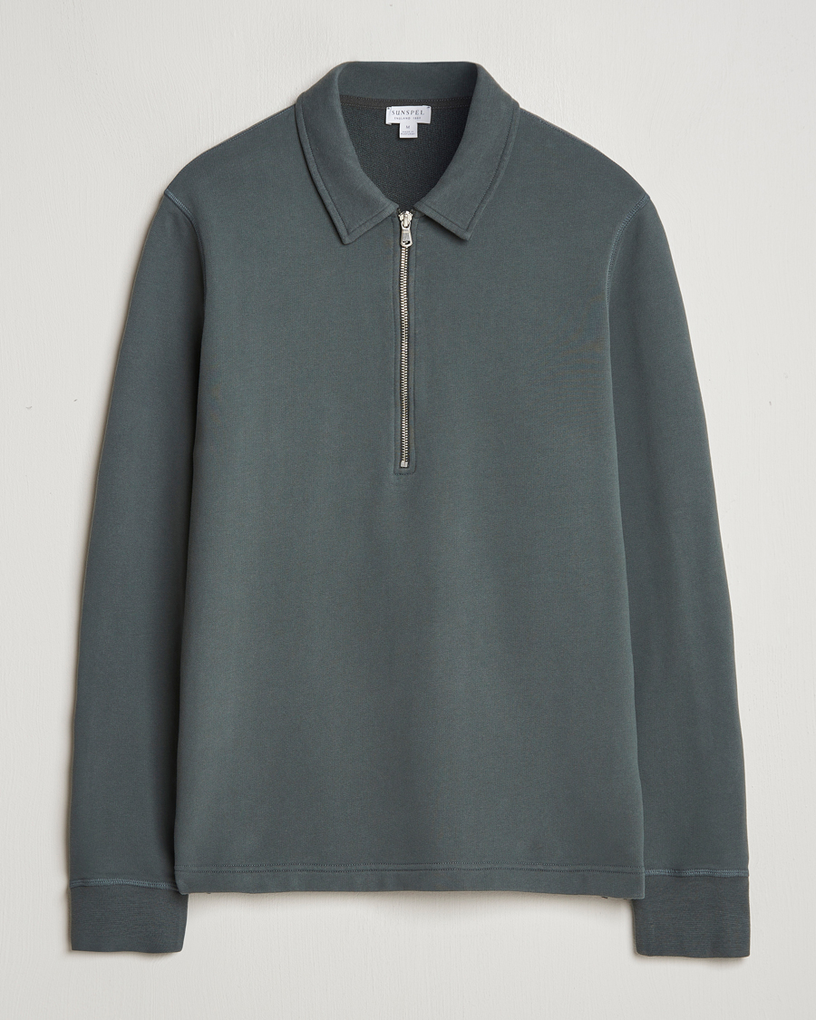 Mies | Puserot | Sunspel | Zip Loopback Sweatshirt Polo Drill Green