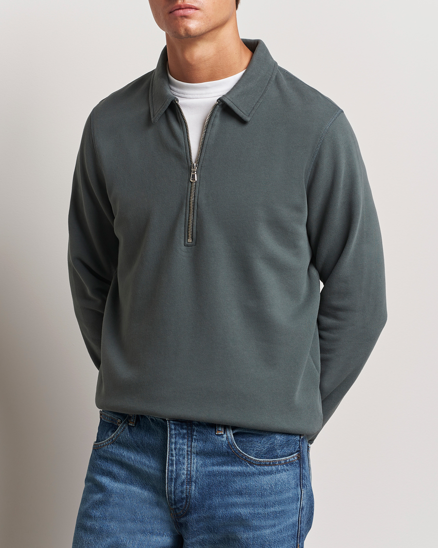 Mies | Puserot | Sunspel | Zip Loopback Sweatshirt Polo Drill Green
