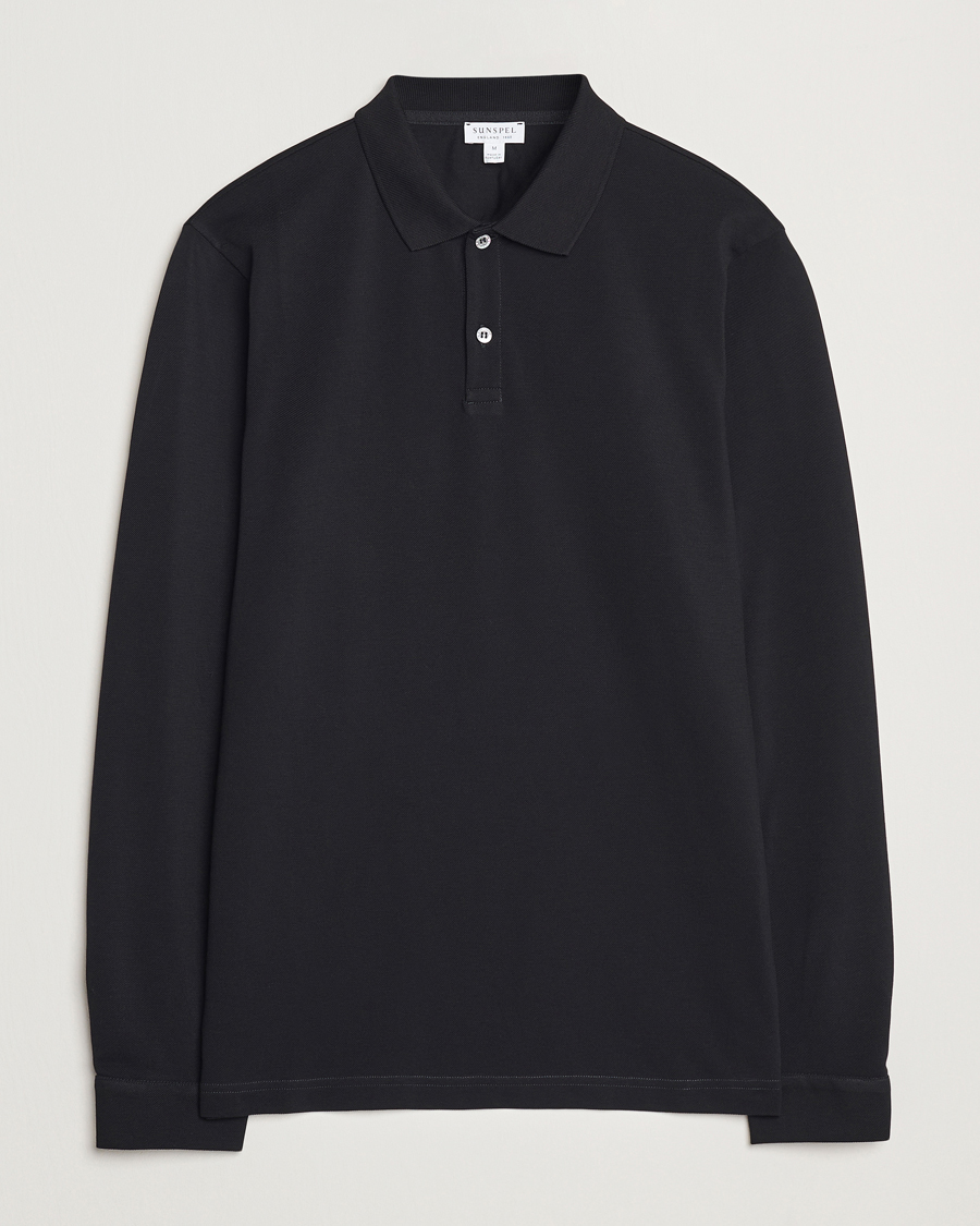Mies | Puserot | Sunspel | Long Sleeve Pique Poloshirt Black