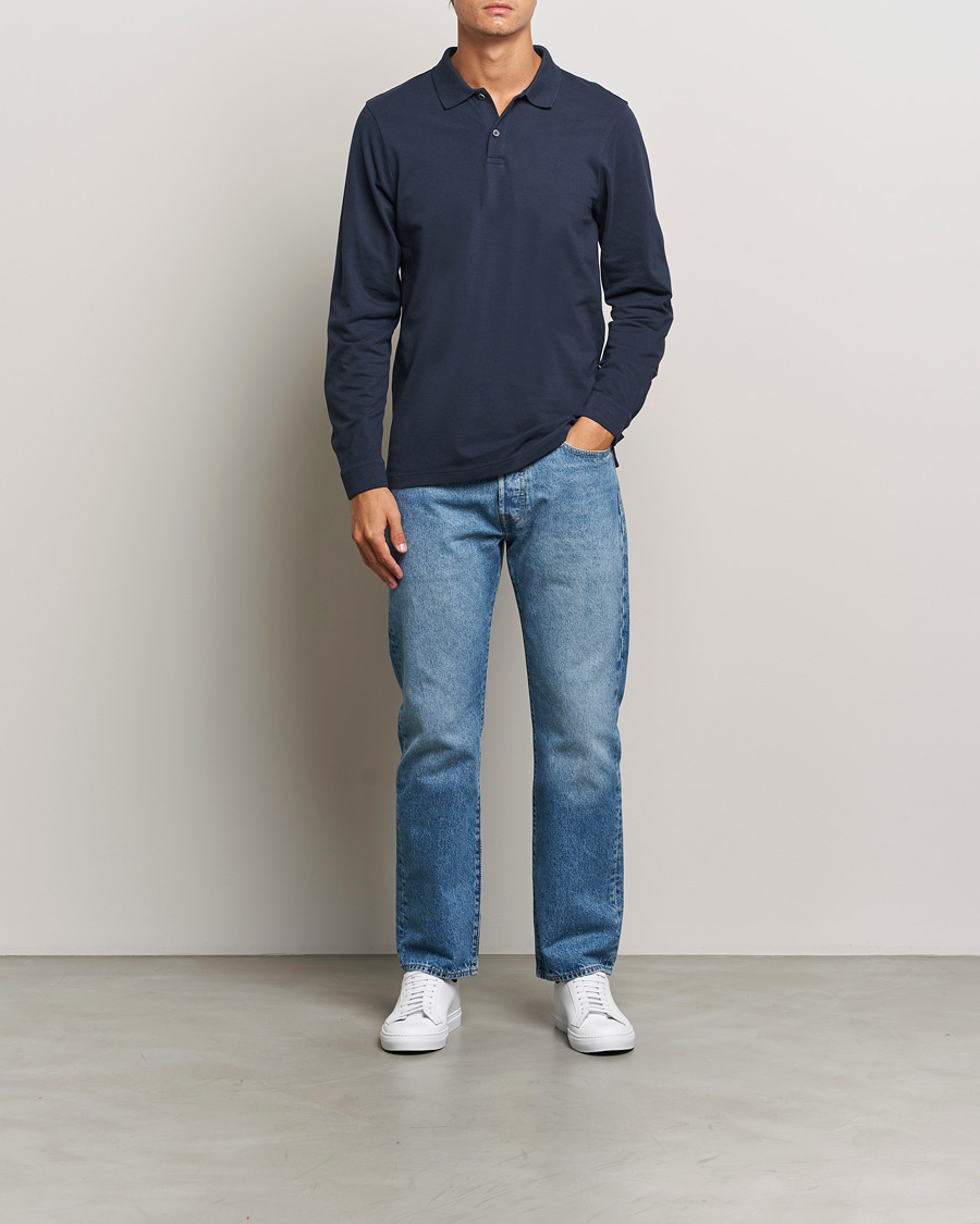 Mies | Puserot | Sunspel | Supima Cotton Long Sleeve Pique Polo Navy