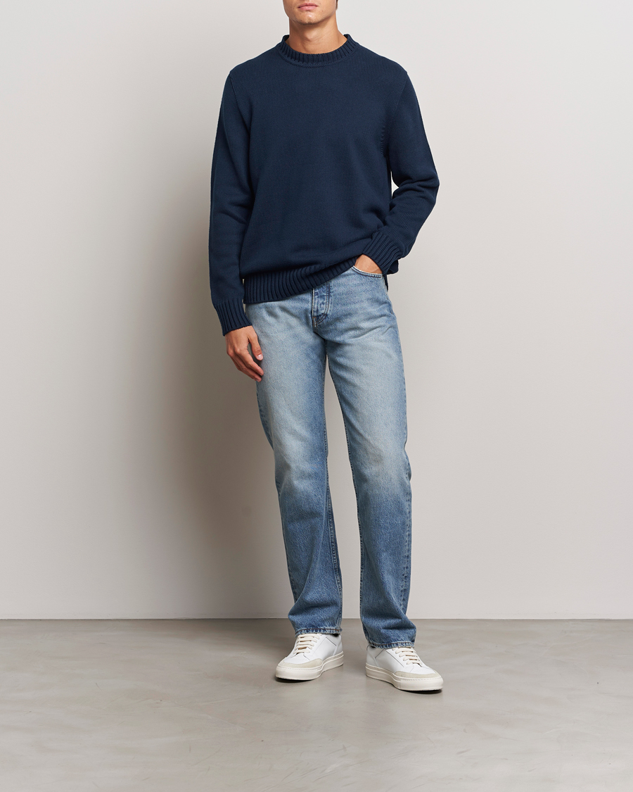 Mies | Puserot | Sunspel | Mid Weight Cotton Crew Ligh Navy