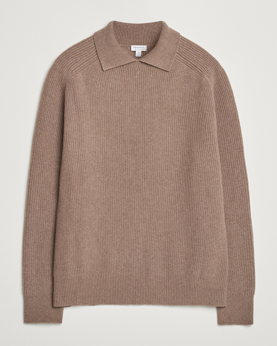 Mies | Puserot | Sunspel | Ribbed Wool/Cashmere Poloneck Sandstone