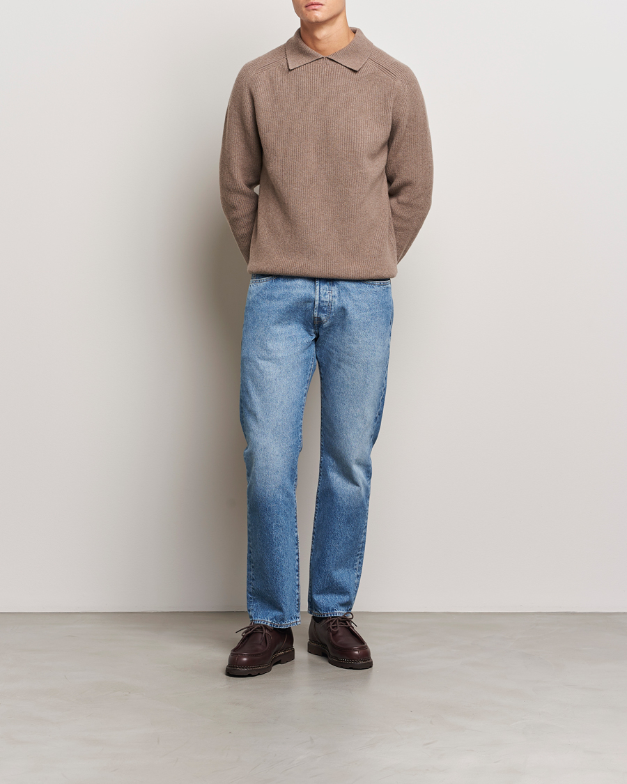 Mies | Puserot | Sunspel | Ribbed Wool/Cashmere Poloneck Sandstone