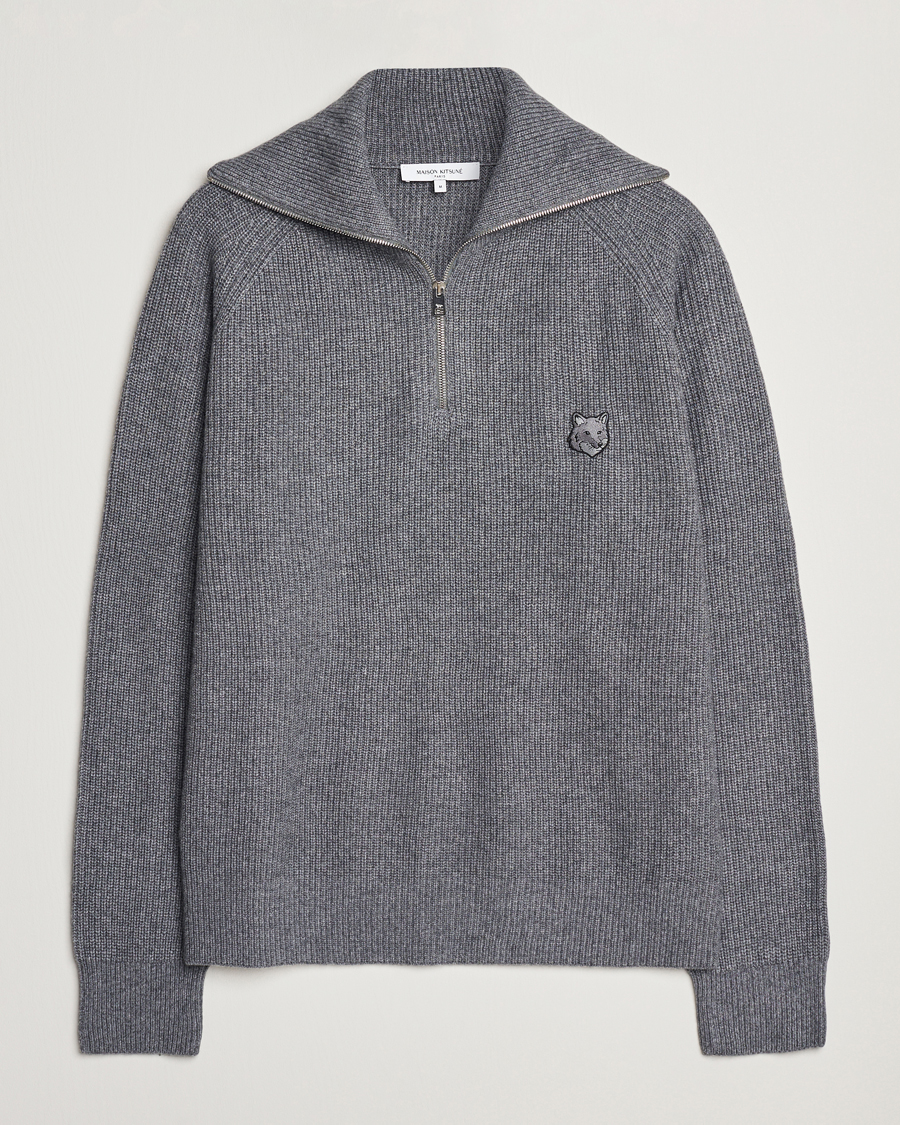 Mies | Puserot | Maison Kitsuné | Bold Fox Rib Knitted Half Zip Medium Grey Melange