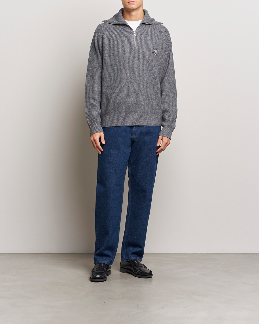 Mies | Puserot | Maison Kitsuné | Bold Fox Rib Knitted Half Zip Medium Grey Melange