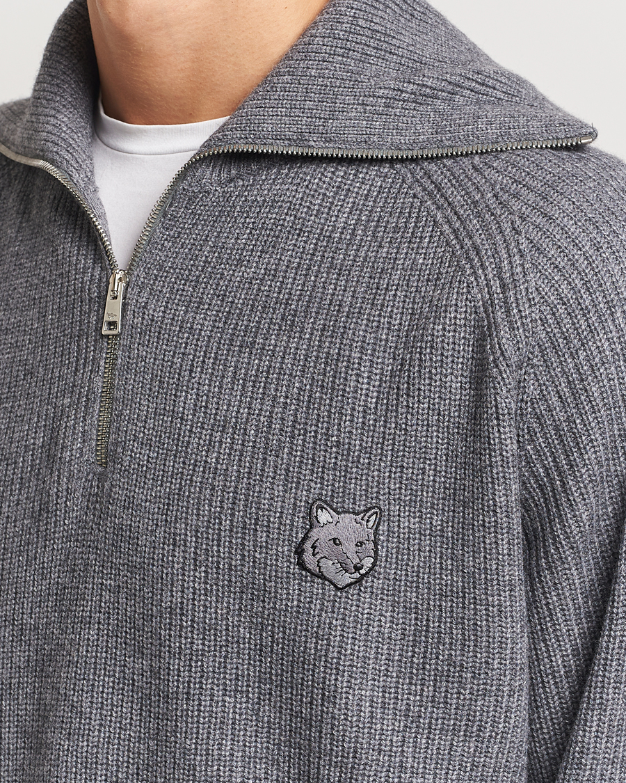 Mies | Puserot | Maison Kitsuné | Bold Fox Rib Knitted Half Zip Medium Grey Melange