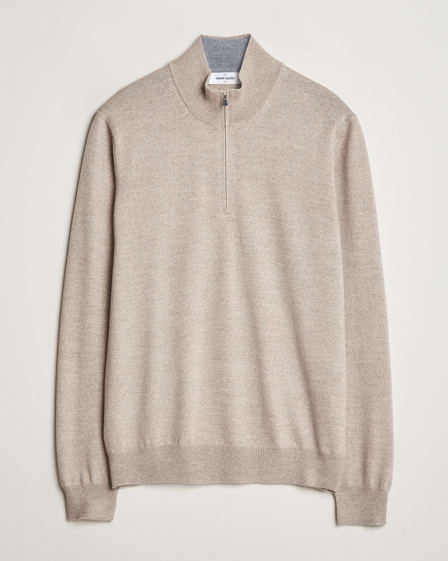 Mies | Puserot | Gran Sasso | Merino Fashion Fit Half Zip Light Beige