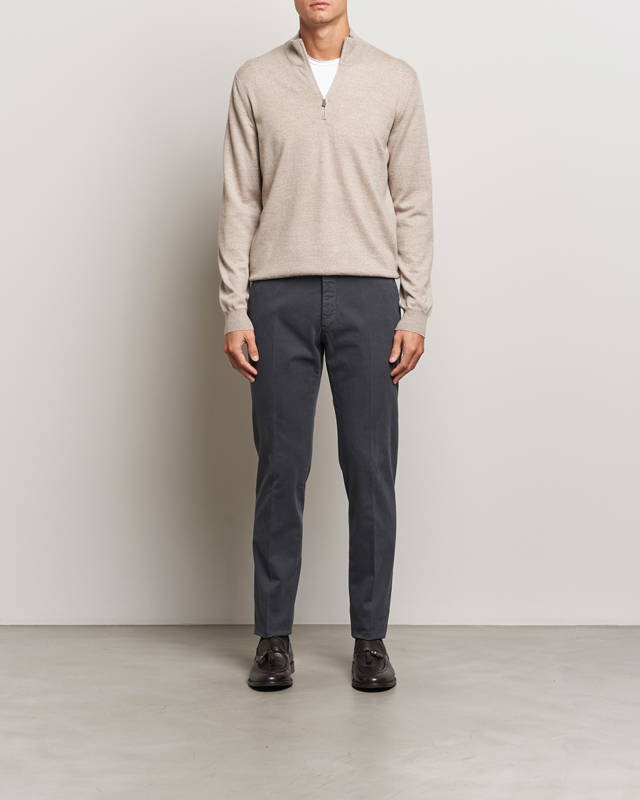 Mies | Puserot | Gran Sasso | Merino Fashion Fit Half Zip Light Beige