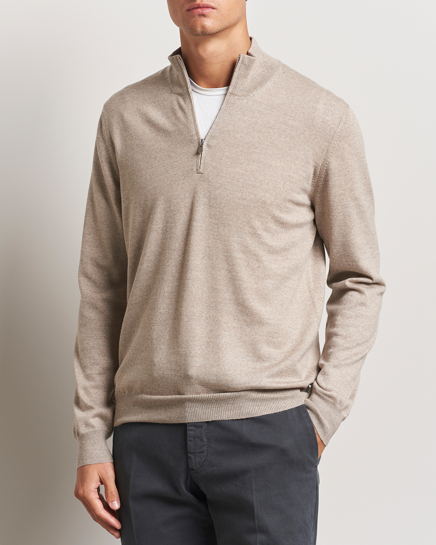 Mies | Puserot | Gran Sasso | Merino Fashion Fit Half Zip Light Beige