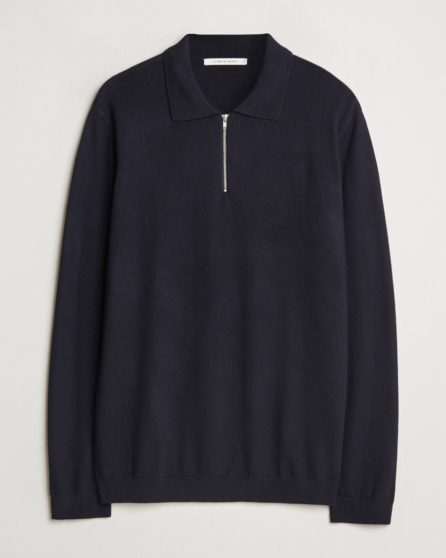 Mies | Puserot | A Day's March | Thompson Merino Half-Zip Polo Navy