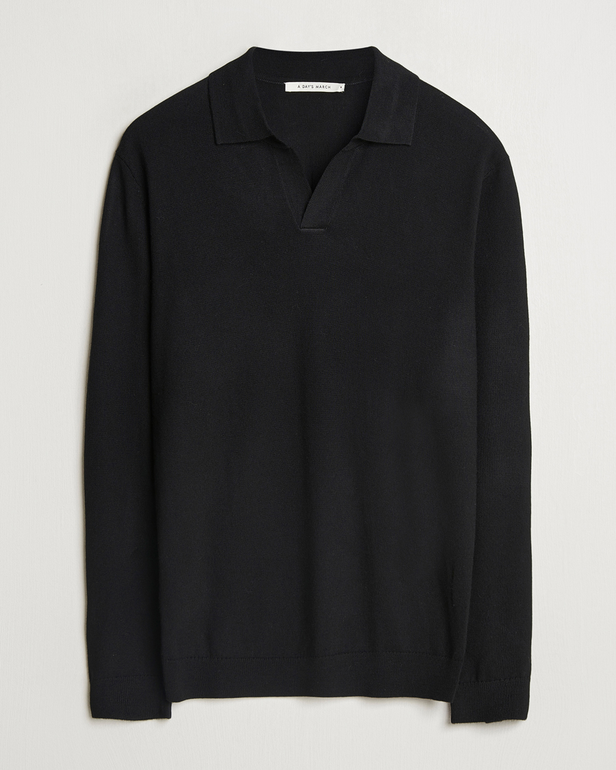 Mies | Puserot | A Day's March | Manol Open Collar Merino Polo Black