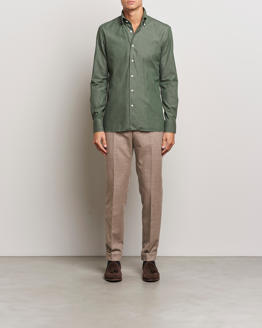 Mies | Kauluspaidat | 100Hands | Button Down Denim Shirt Sage Green