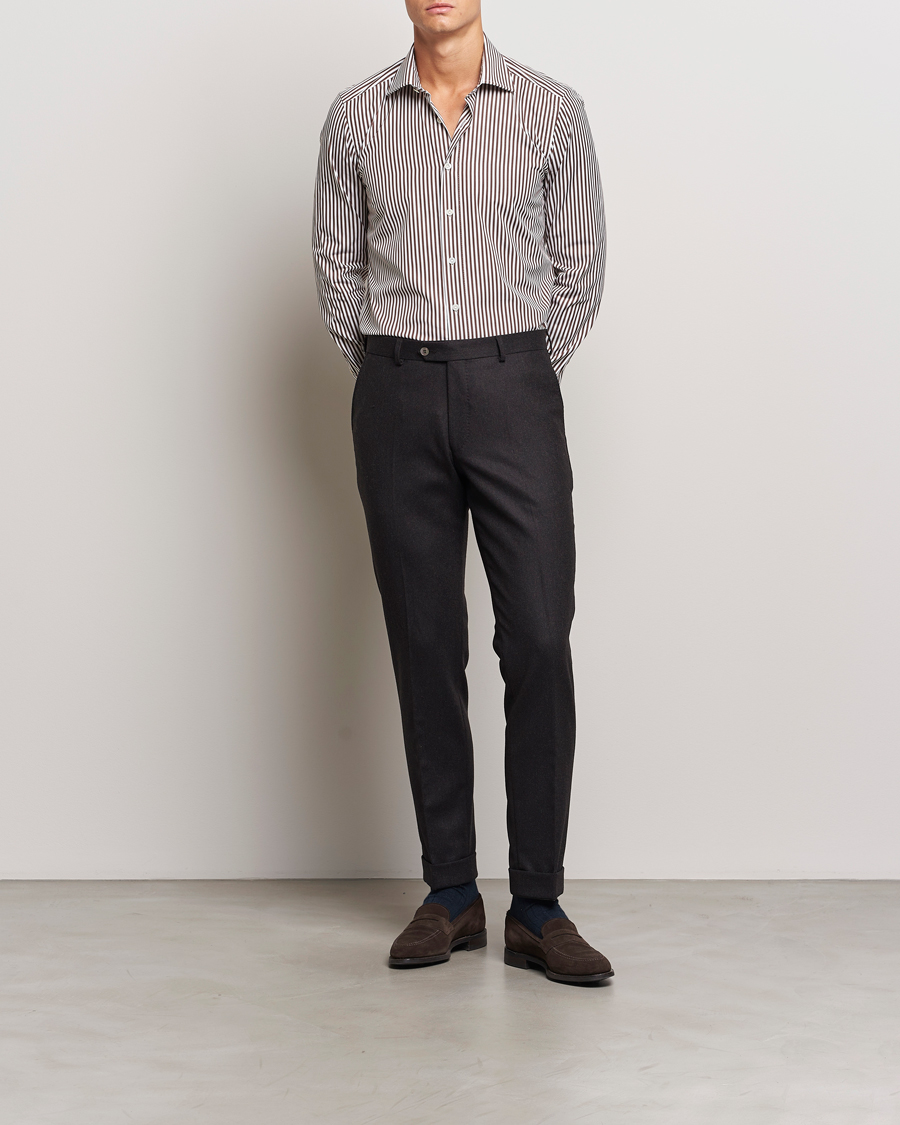 Mies | Kauluspaidat | 100Hands | Striped Cut Away Cotton Shirt Brown