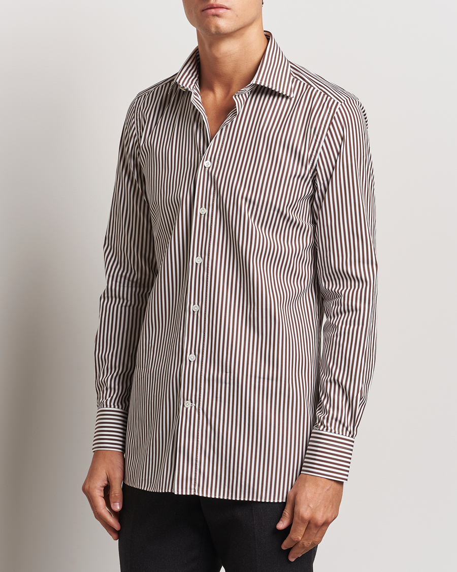 Mies | Kauluspaidat | 100Hands | Striped Cut Away Cotton Shirt Brown