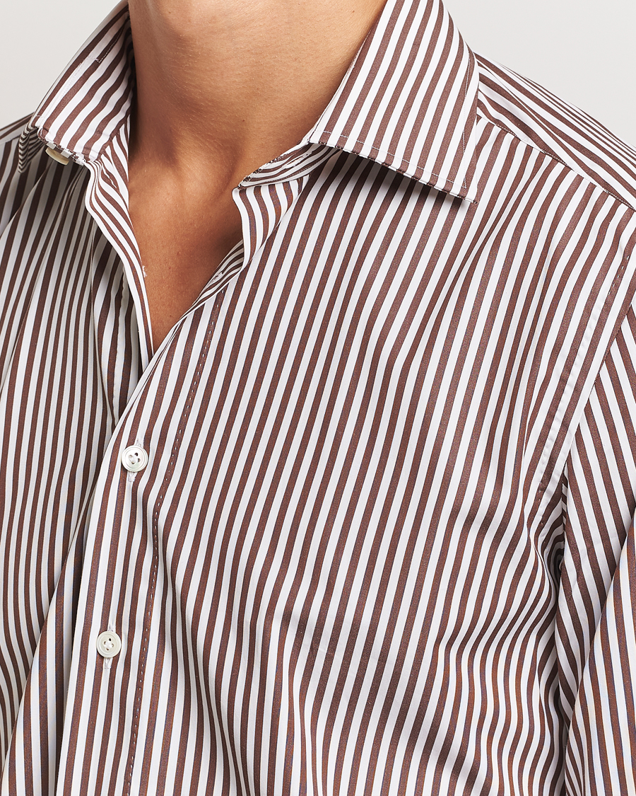 Mies | Kauluspaidat | 100Hands | Striped Cut Away Cotton Shirt Brown
