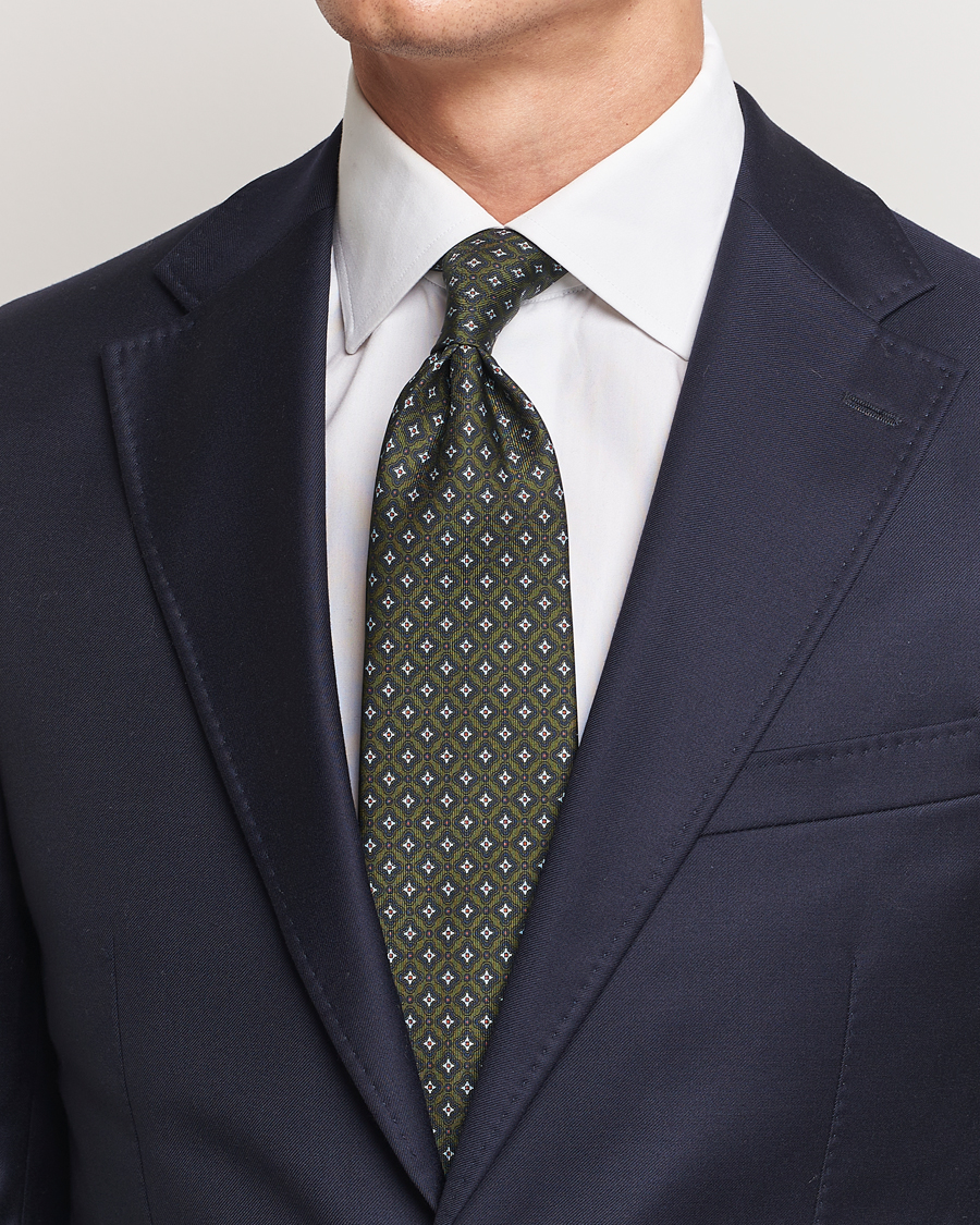 Mies | E. Marinella 3-Fold Printed Silk Tie Dark Green | E. Marinella | 3-Fold Printed Silk Tie Dark Green
