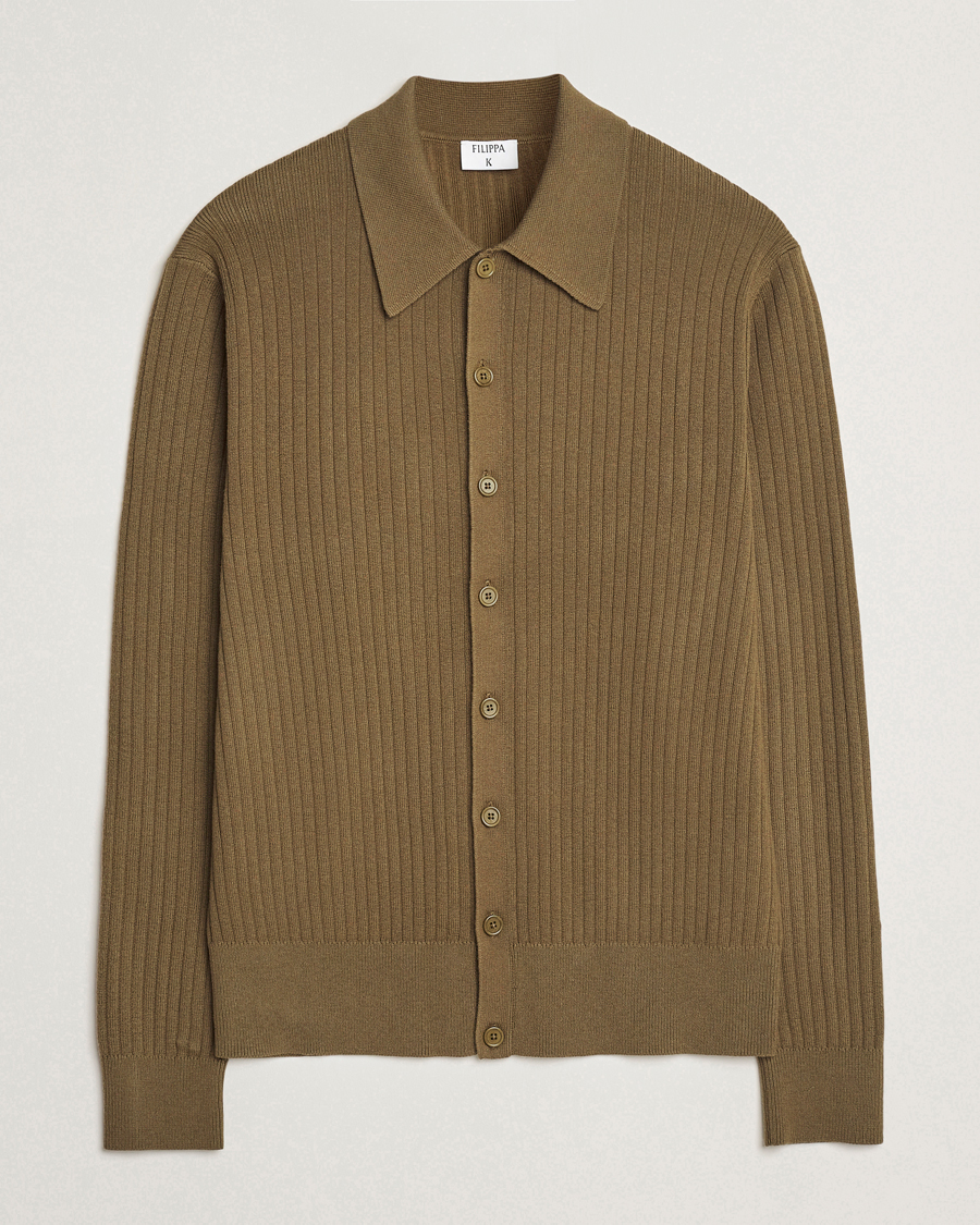 Mies | Puserot | Filippa K | Cotton Merino Ribbed Knitted Cardigan Olive Green